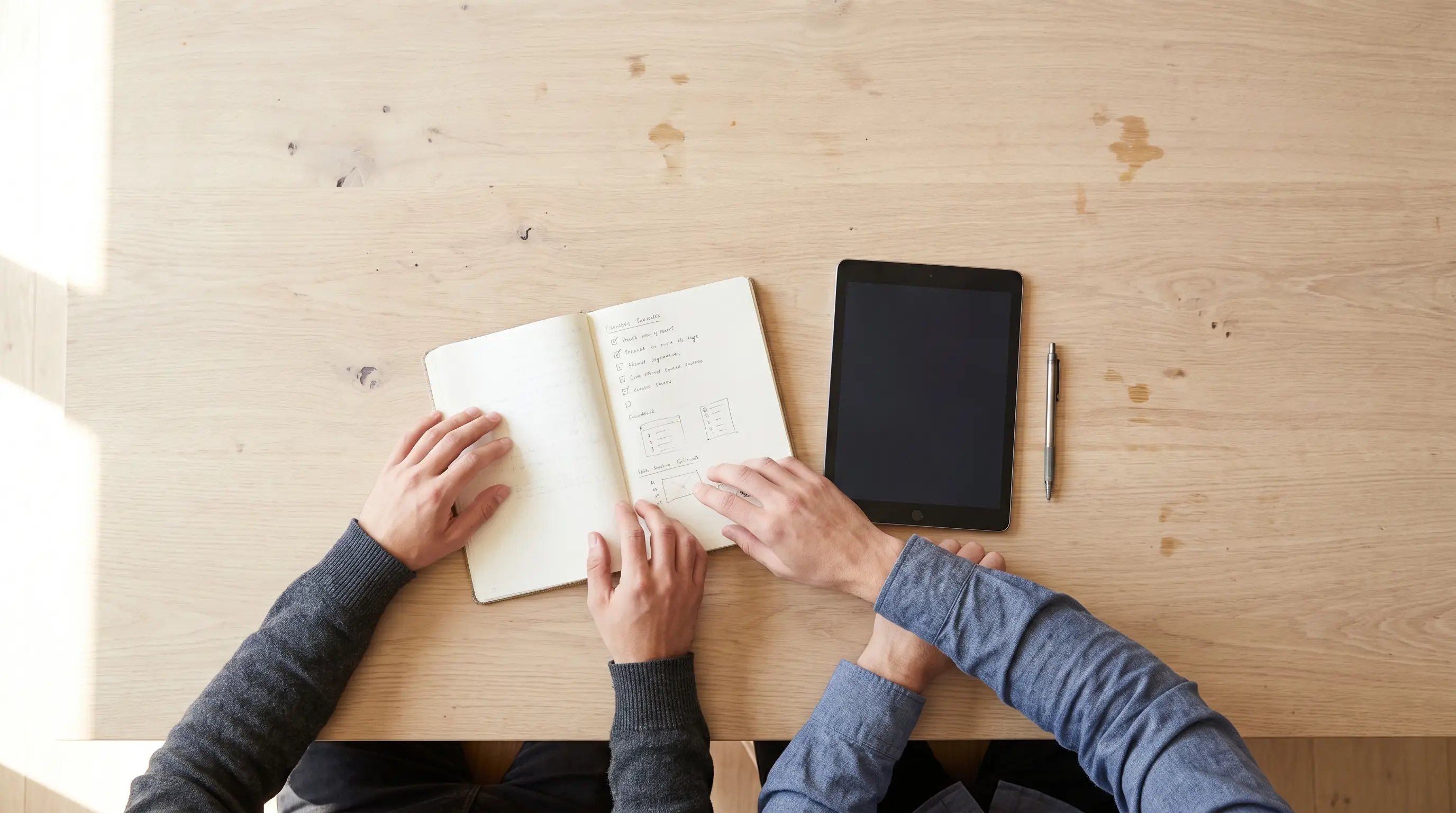 Illustrative handover workspace with two people reviewing a notebook and tablet