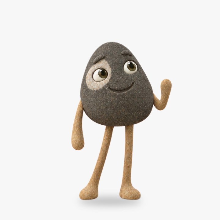 Pebble, a small slate stone with sandy gold arms and legs, waving.