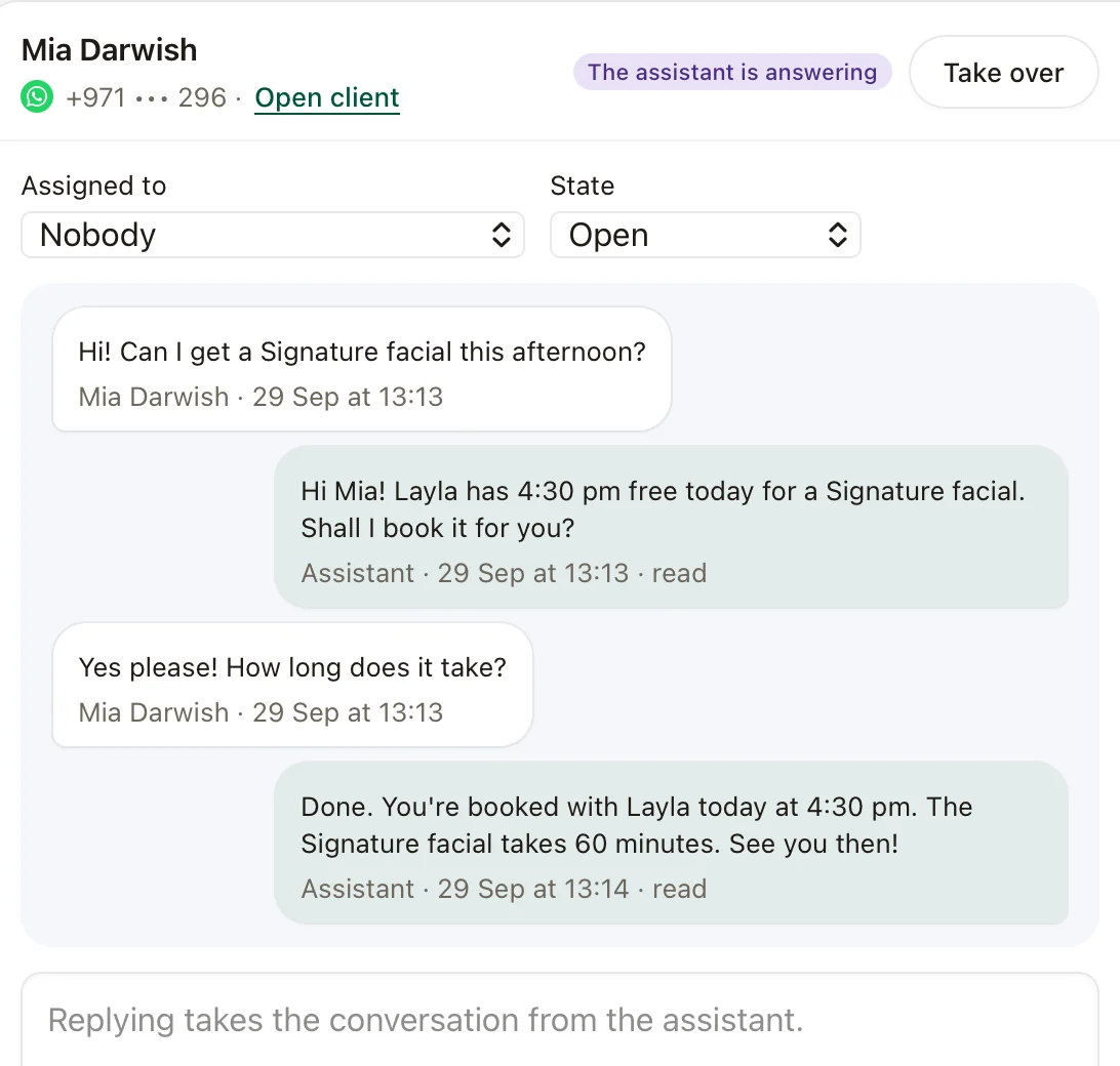 Close up of the inbox: Mia asks for a facial, Pebble offers 4:30 pm with Layla, answers how long it takes and books it.